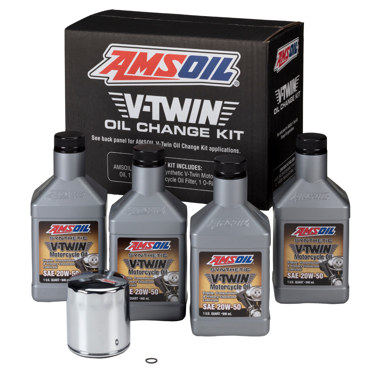 AMSOIL 20W-50 Synthetic V-Twin Oil Change Kit - 4 Quarts with Chrome Filter HDCK