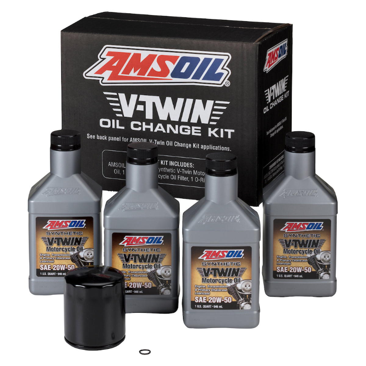 AMSOIL 20W-50 Synthetic V-Twin Oil Change Kit - 4 Quarts with Black Filter   HDBK