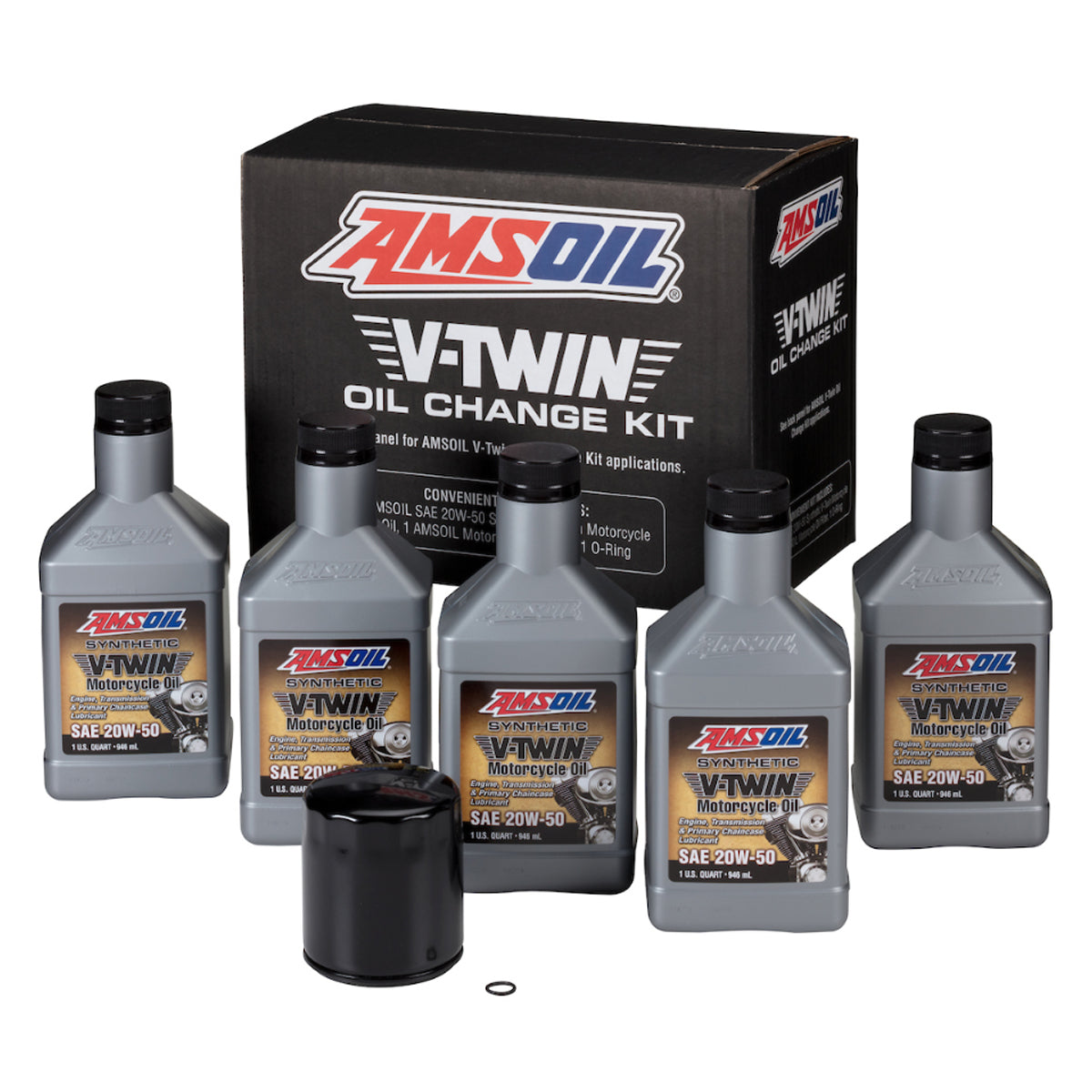 AMSOIL 20W-50 Synthetic V-Twin Oil Change Kit - 5 Quarts with Black Filter   HDMB