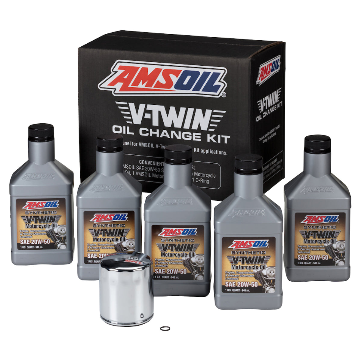 AMSOIL 20W-50 Synthetic V-Twin Oil Change Kit - 5 Quarts with Chrome Filter  HDMC